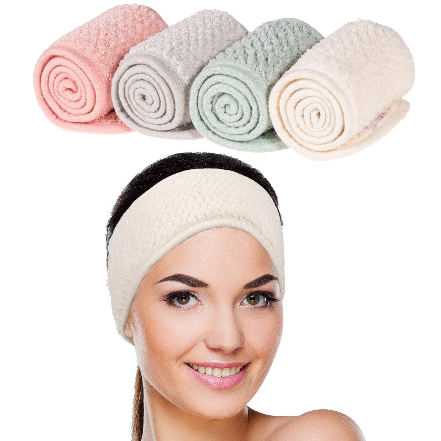 Whaline 4 Pack Spa Facial Headband Makeup Hair Wrap Adjustable Hair Band Soft Towel Head Band for Face Washing, Shower Sports Yoga (Pea Green, Pink, Beige,...