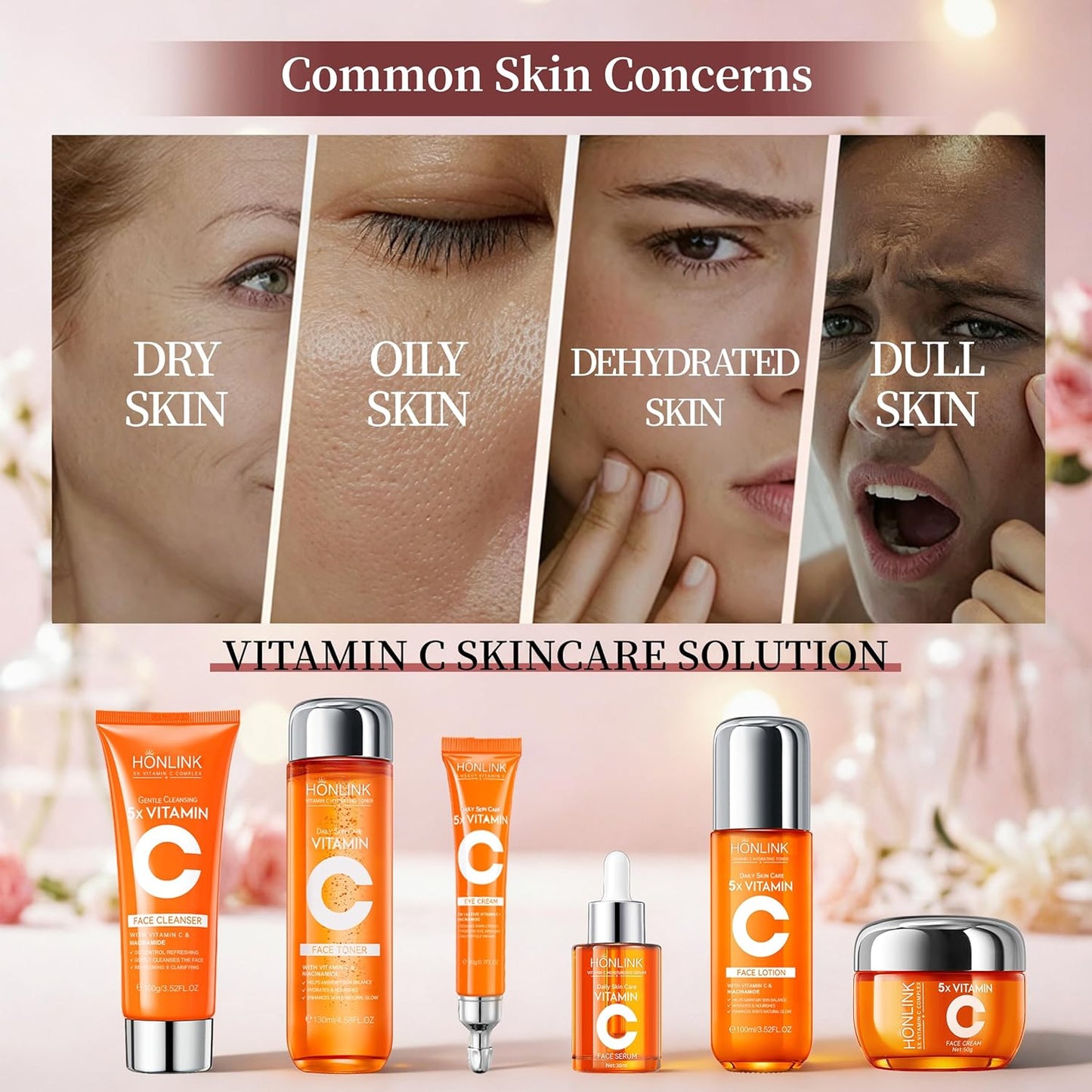6-Piece Hydrating Skincare Set with Vitamin C & Niacinamide, Face Care Kit Includes Toner, Serum, Cleanser, Moisturizer, Eye Cream & Body Lotion for Daily Skin Care & Self Care
