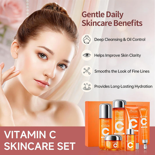 6-Piece Hydrating Skincare Set with Vitamin C & Niacinamide, Face Care Kit Includes Toner, Serum, Cleanser, Moisturizer, Eye Cream & Body Lotion for Daily Skin Care & Self Care