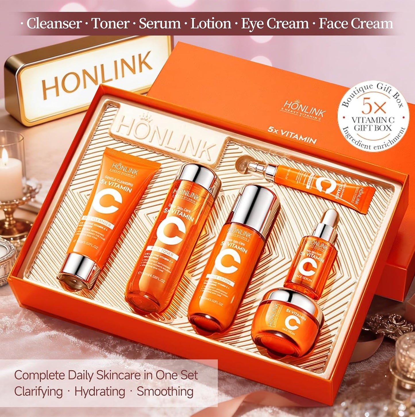 6-Piece Hydrating Skincare Set with Vitamin C & Niacinamide, Face Care Kit Includes Toner, Serum, Cleanser, Moisturizer, Eye Cream & Body Lotion for Daily Skin Care & Self Care